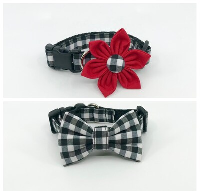 Dog Collar With Optional Flower Or Bow Tie Black And White Checkered Buffalo Plaid Adjustable Pet Collar Sizes XS, S, M, L, XL - image1
